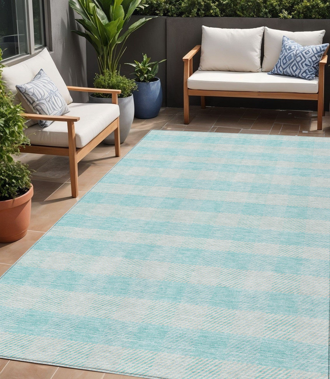 5' X 8' Aqua And Ivory Plaid Washable Indoor Outdoor Area Rug
