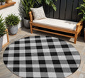 8' Black Gray And Ivory Round Plaid Washable Indoor Outdoor Area Rug