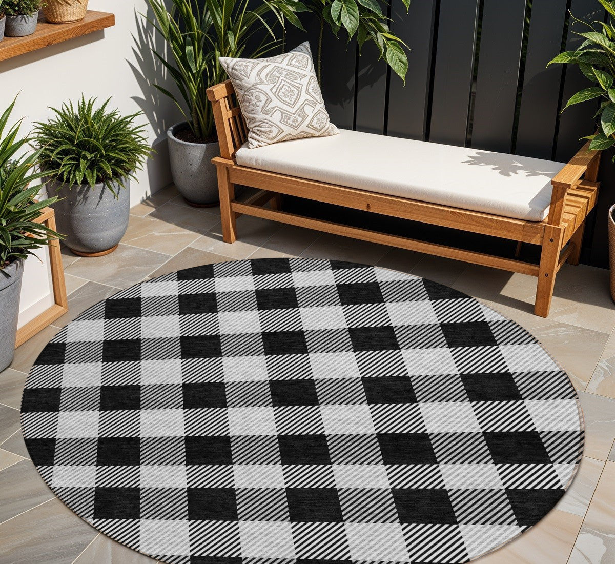 8' Black Gray And Ivory Round Plaid Washable Indoor Outdoor Area Rug