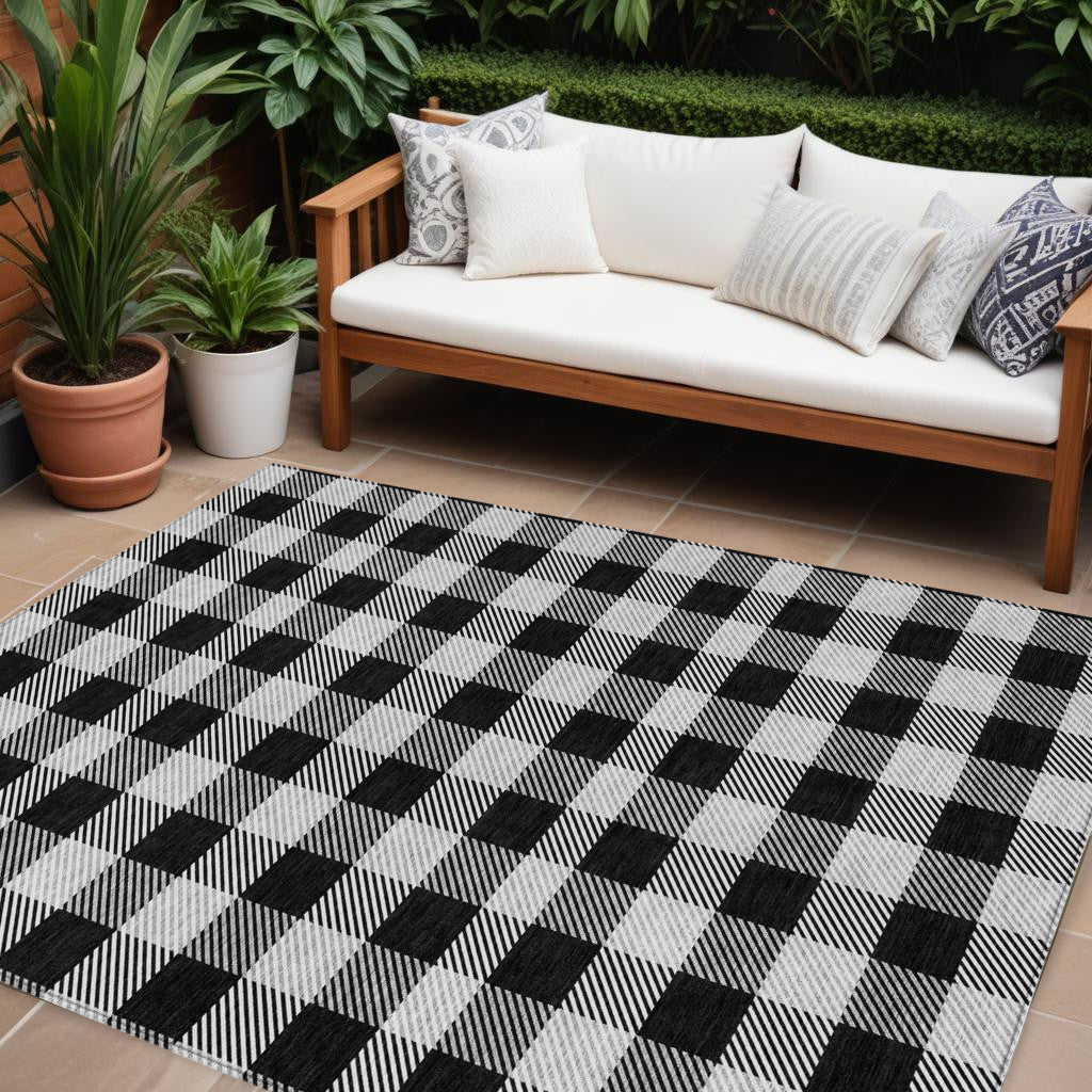 9' X 12' Black Gray And Ivory Plaid Washable Indoor Outdoor Area Rug
