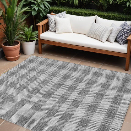 10' X 14' Gray And Charcoal Plaid Washable Indoor Outdoor Area Rug