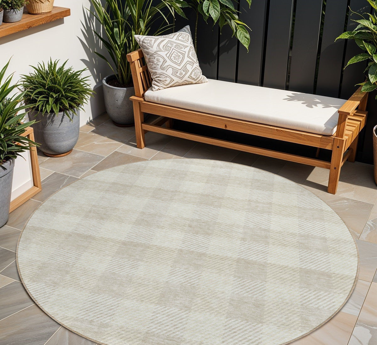 8' Ivory And Beige Round Plaid Washable Indoor Outdoor Area Rug