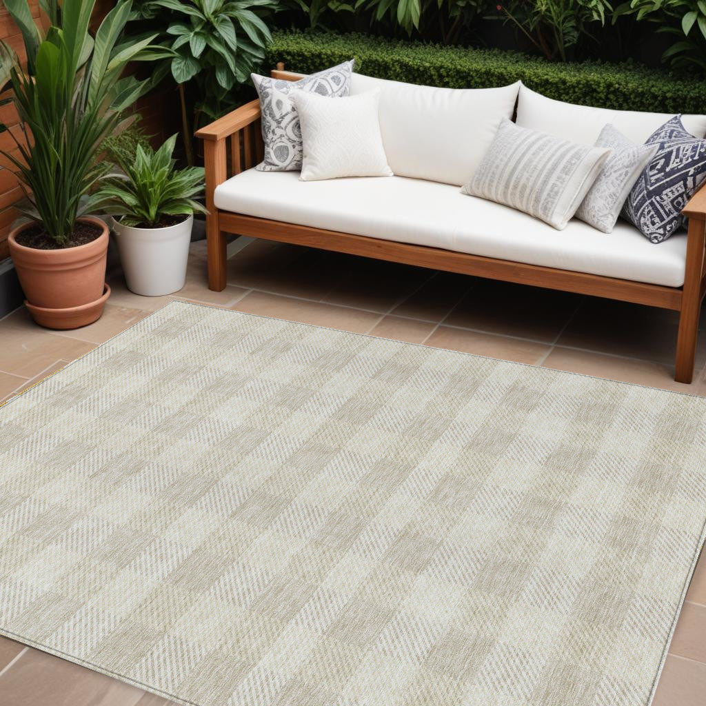 10' X 14' Ivory And Beige Plaid Washable Indoor Outdoor Area Rug