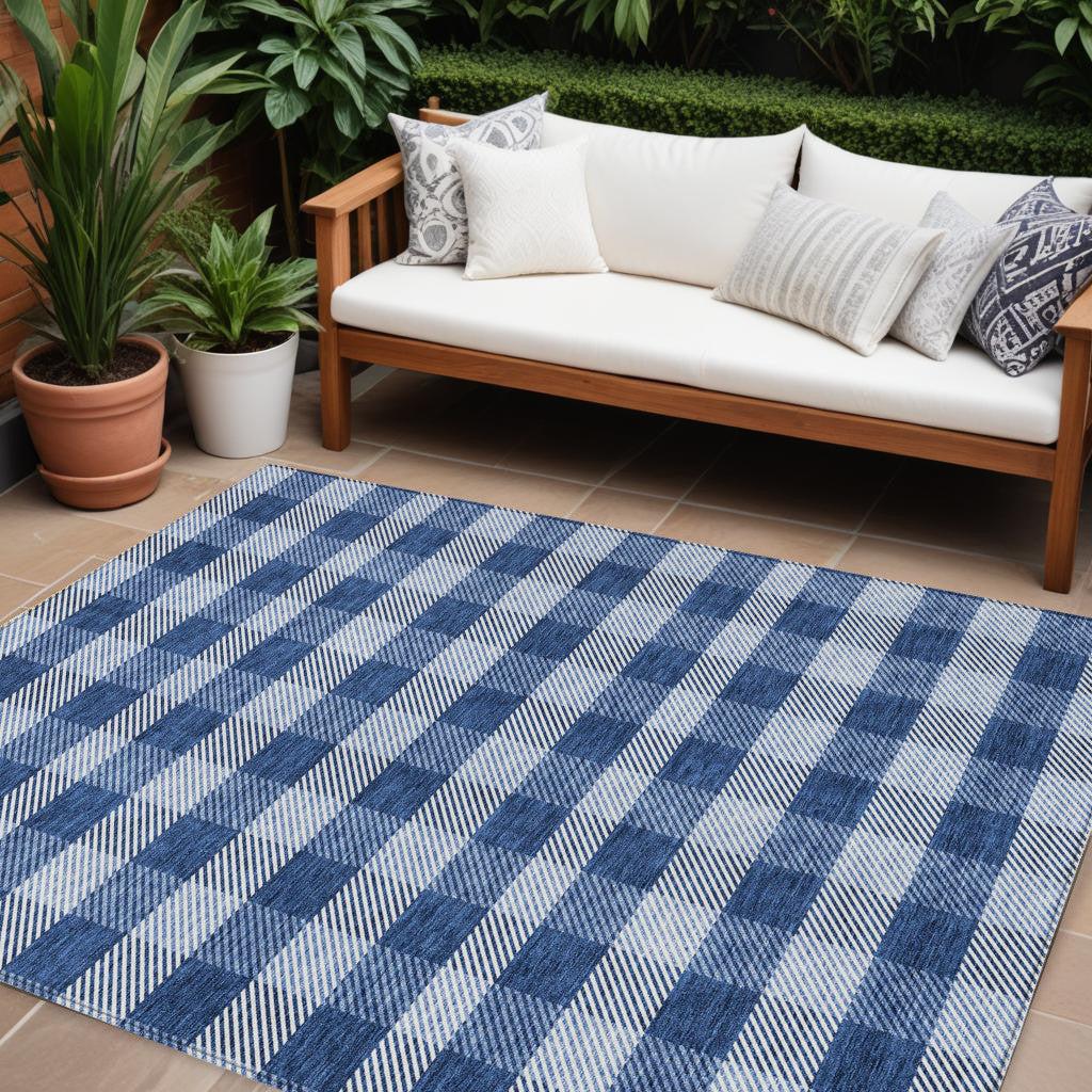 9' X 12' Navy Blue And Ivory Plaid Washable Indoor Outdoor Area Rug