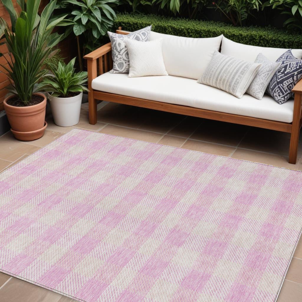 9' X 12' Pink And Gray Plaid Washable Indoor Outdoor Area Rug