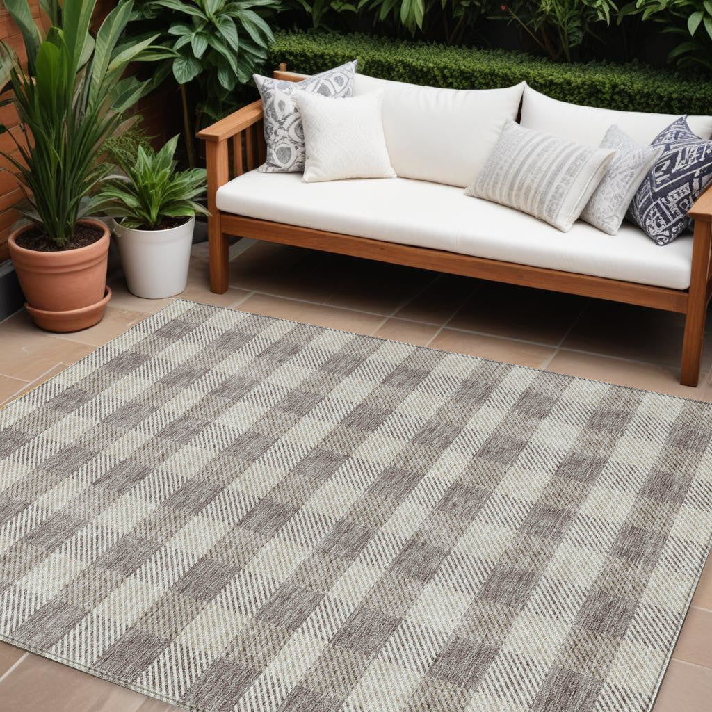 9' X 12' Taupe And Gray Plaid Washable Indoor Outdoor Area Rug