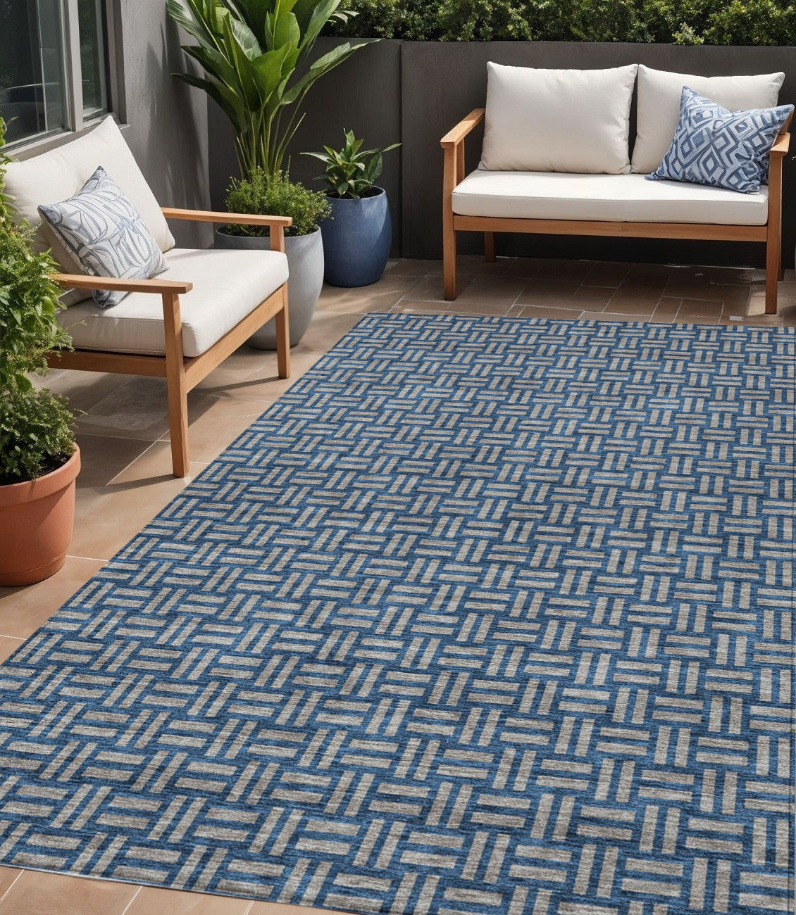 5' X 8' Blue And Gray Geometric Washable Indoor Outdoor Area Rug