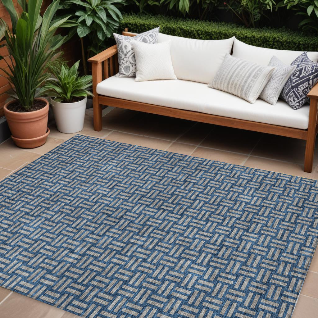 10' X 14' Blue And Gray Geometric Washable Indoor Outdoor Area Rug