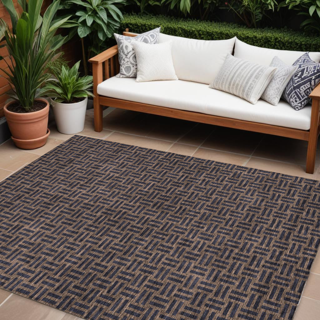 9' X 12' Chocolate And Black Geometric Washable Indoor Outdoor Area Rug
