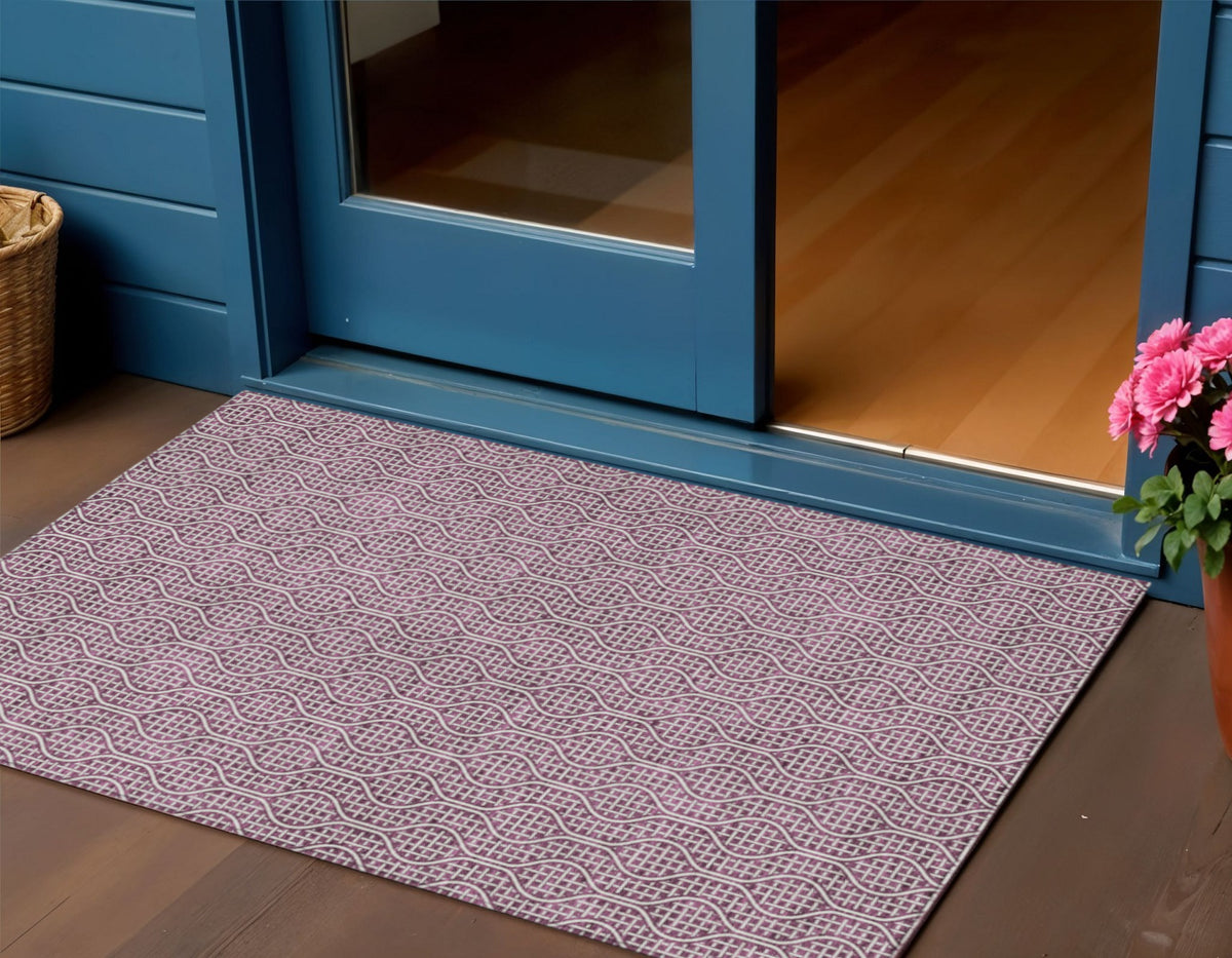 3' X 5' Eggplant And Ivory Geometric Washable Indoor Outdoor Area Rug