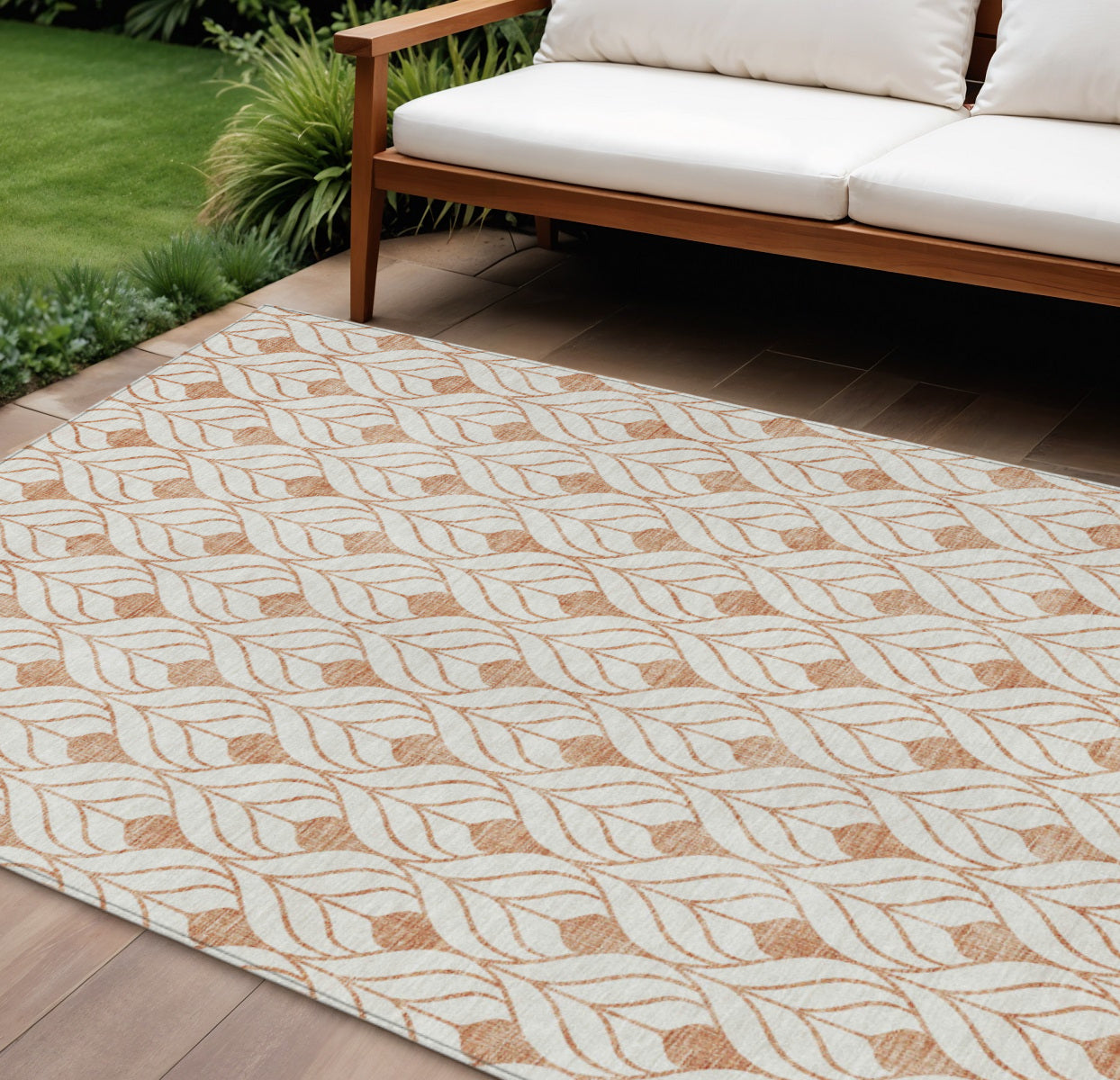 9' X 12' Salmon And Beige Geometric Washable Indoor Outdoor Area Rug