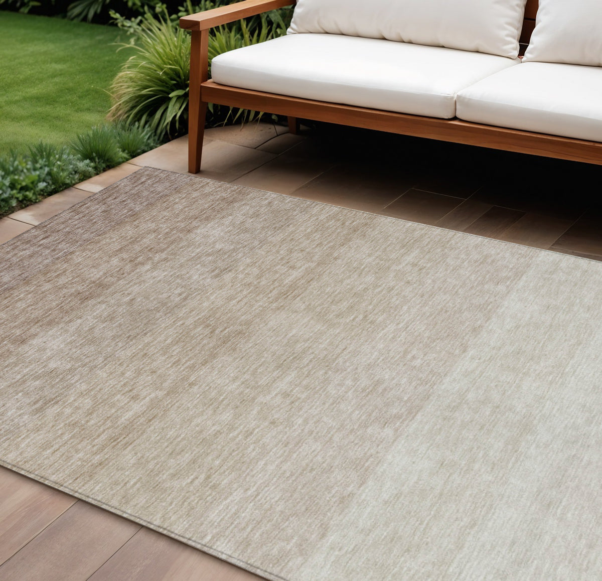 9' X 12' Beige And Ivory Ombre Washable Indoor Outdoor Area Rug