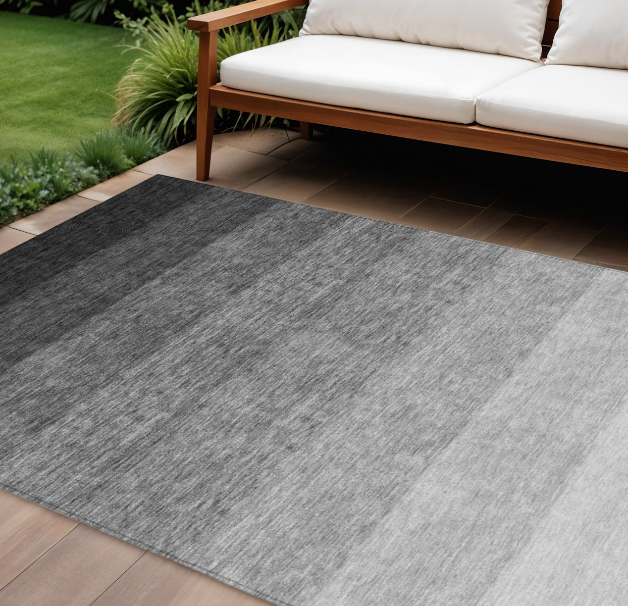 10' X 14' Black And Ivory Ombre Washable Indoor Outdoor Area Rug