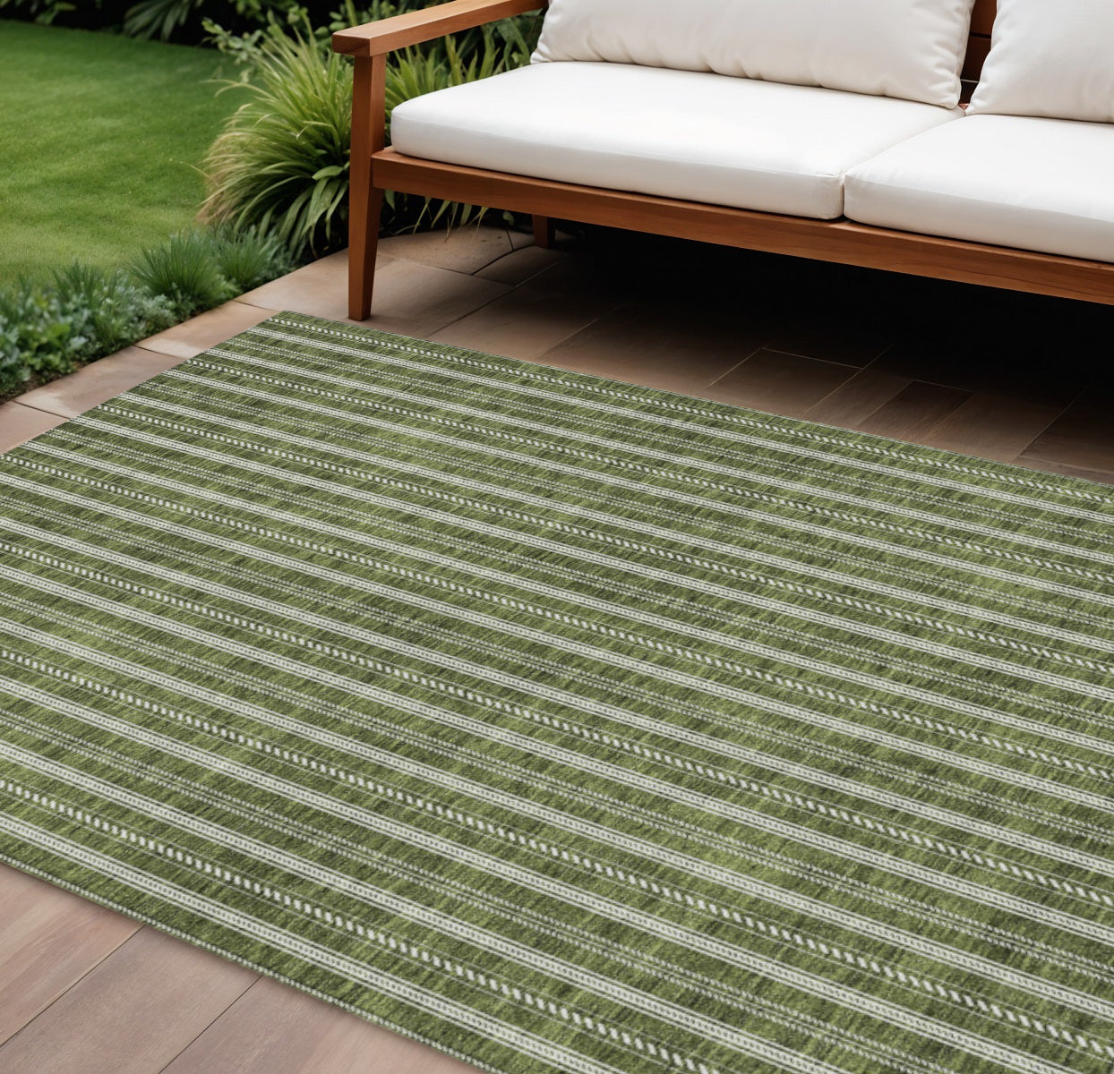 9' X 12' Olive Green And Ivory Striped Washable Indoor Outdoor Area Rug
