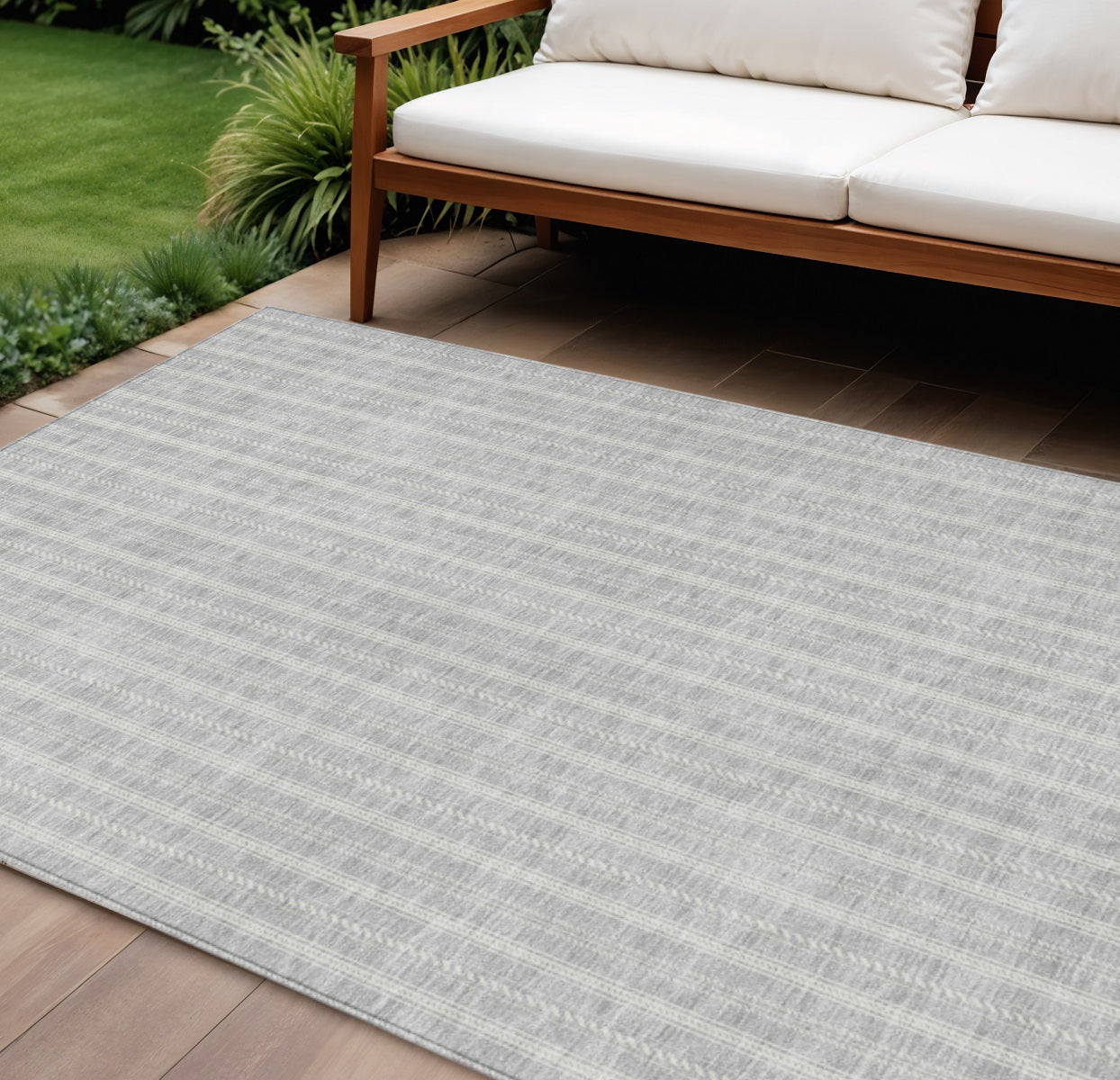 9' X 12' Silver And Ivory Striped Washable Indoor Outdoor Area Rug