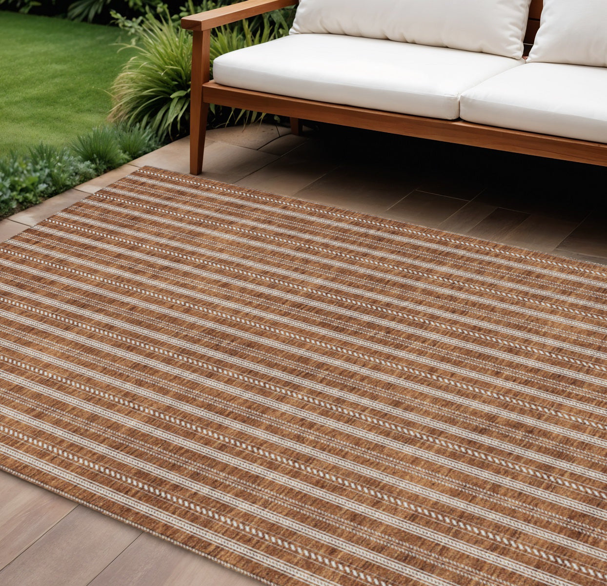 9' X 12' Terra Cotta And Ivory Striped Washable Indoor Outdoor Area Rug