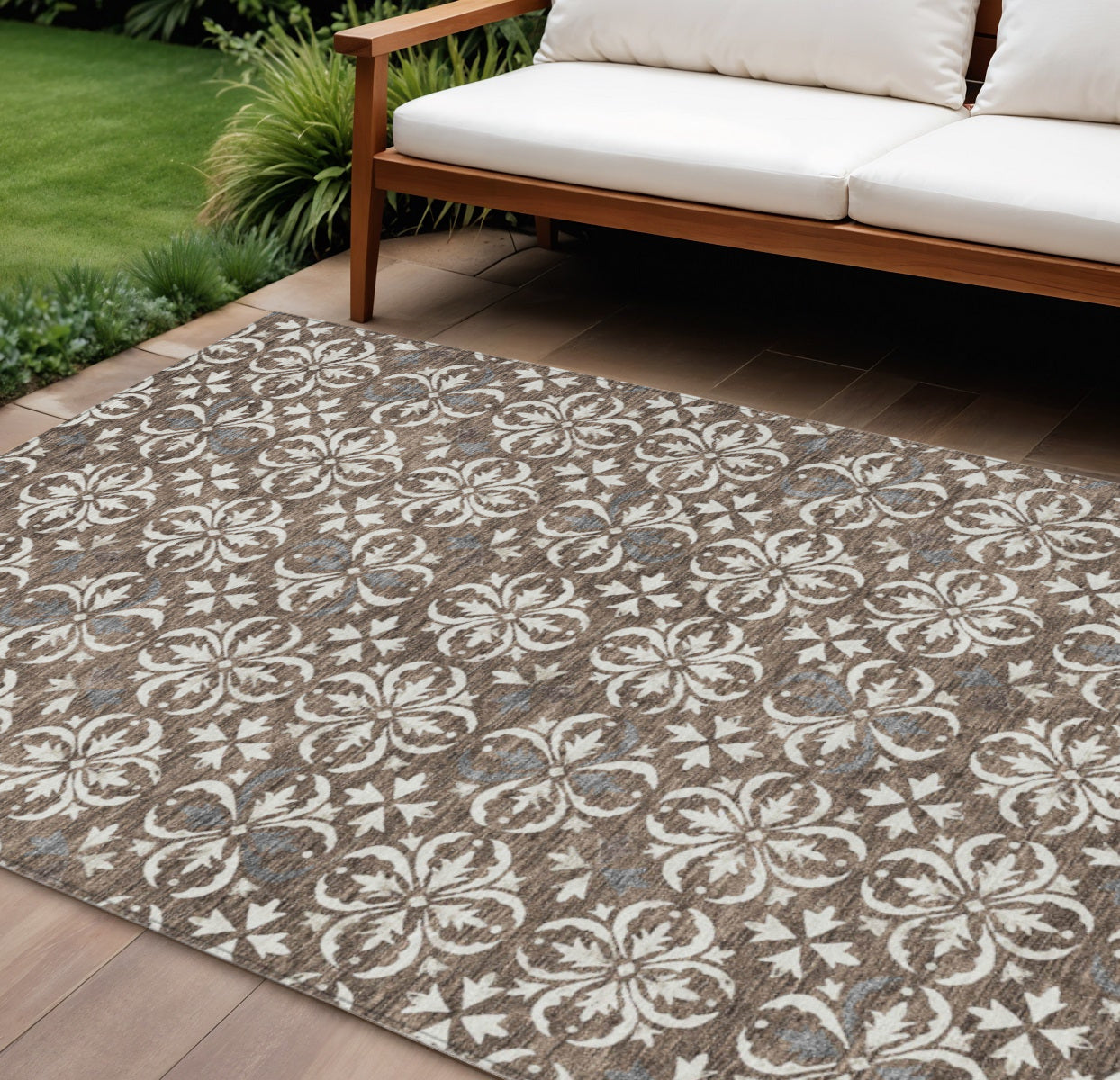 8' X 10' Brown Gray And Beige Floral Washable Indoor Outdoor Area Rug