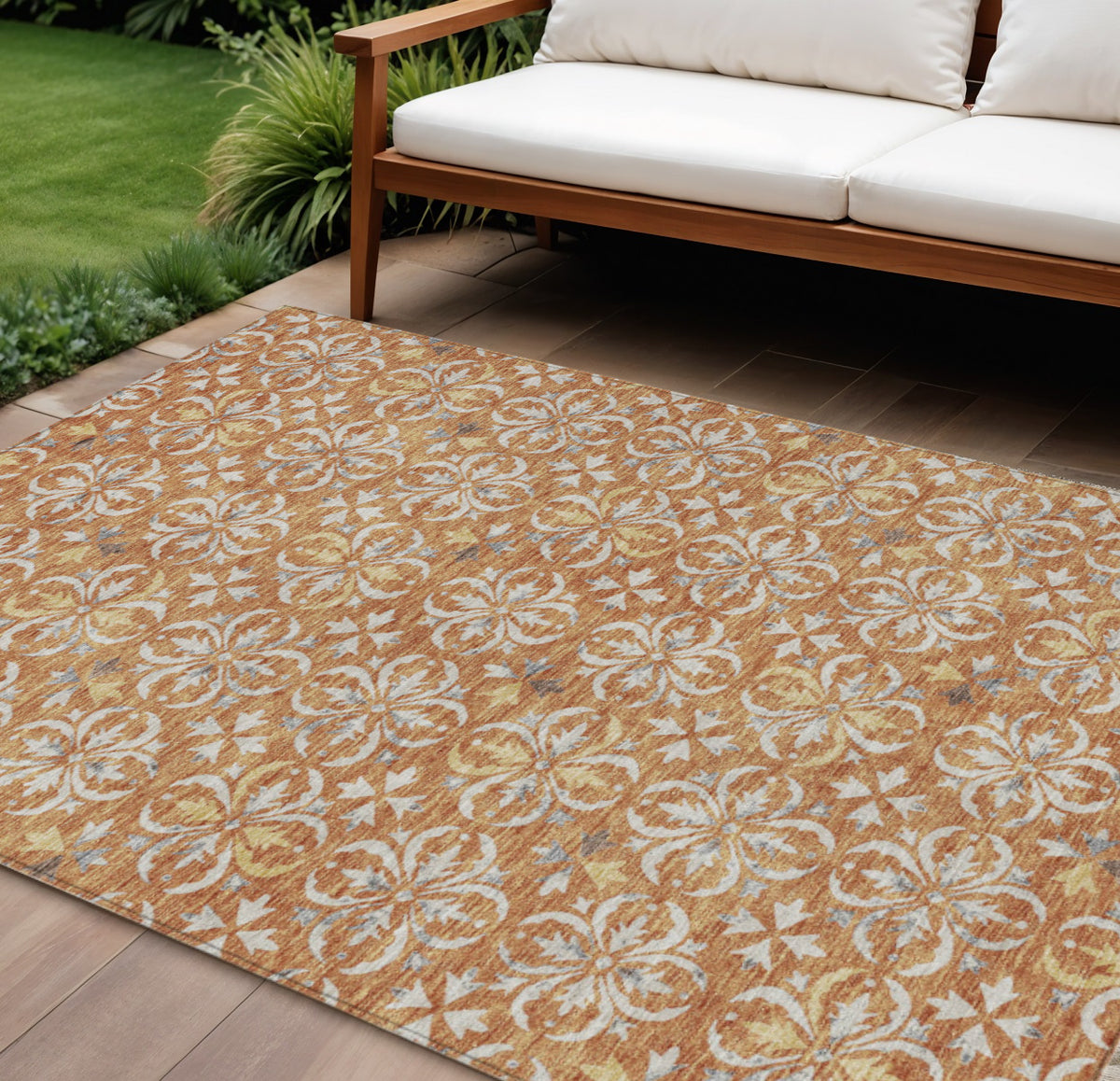 9' X 12' Copper Gray And Beige Floral Washable Indoor Outdoor Area Rug