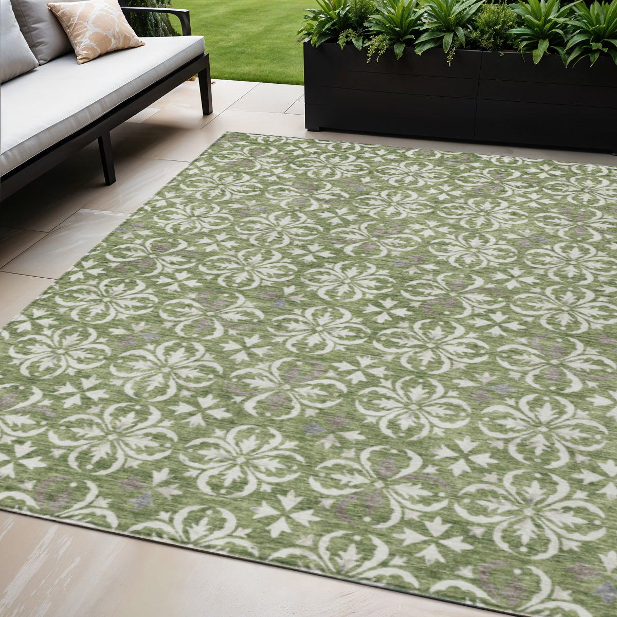 5' X 8' Green Gray And Ivory Floral Washable Indoor Outdoor Area Rug