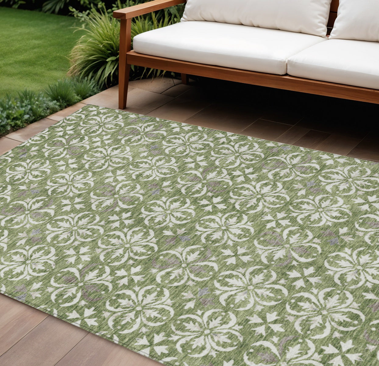 9' X 12' Green Gray And Ivory Floral Washable Indoor Outdoor Area Rug