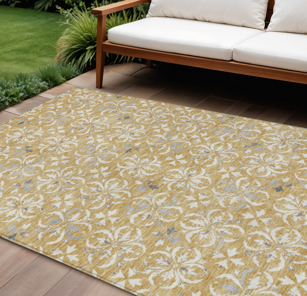 9' X 12' Gold Gray And Beige Floral Washable Indoor Outdoor Area Rug