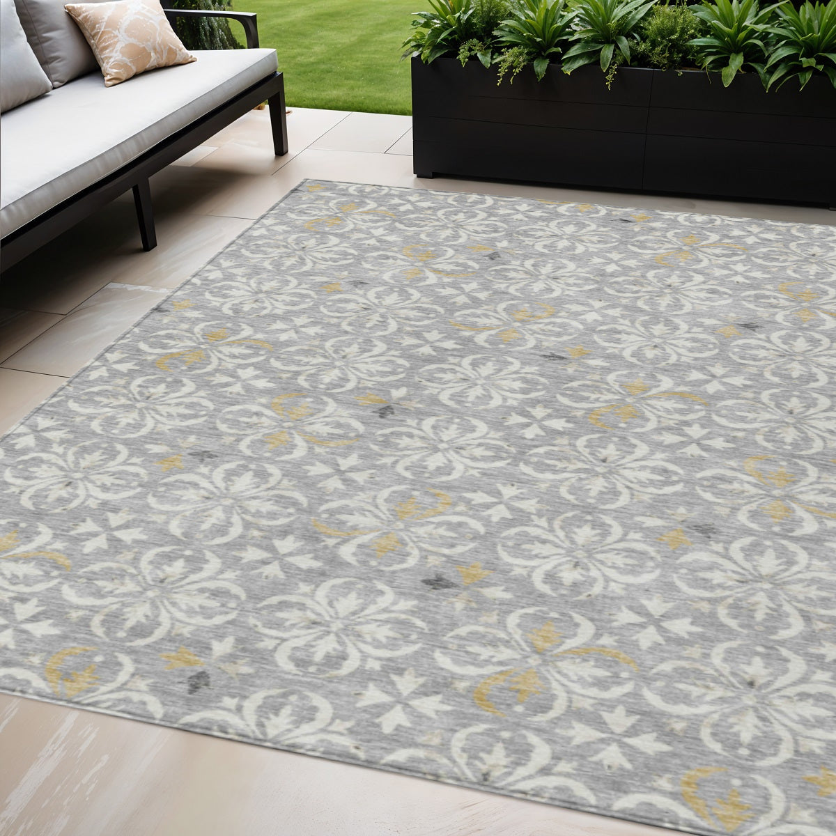 5' X 8' Gray Ivory And Brown Floral Washable Indoor Outdoor Area Rug