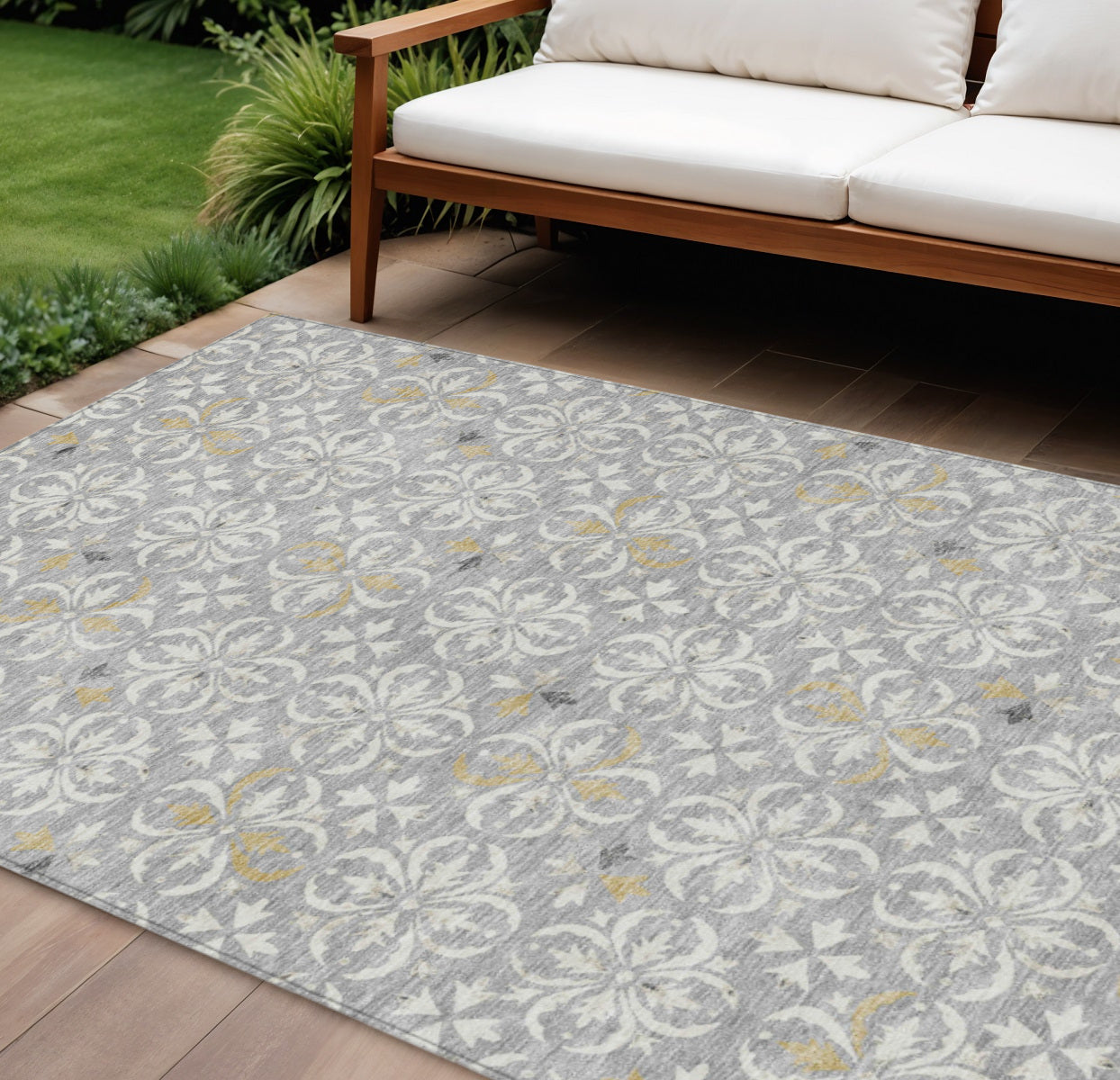 10' X 14' Gray Ivory And Brown Floral Washable Indoor Outdoor Area Rug