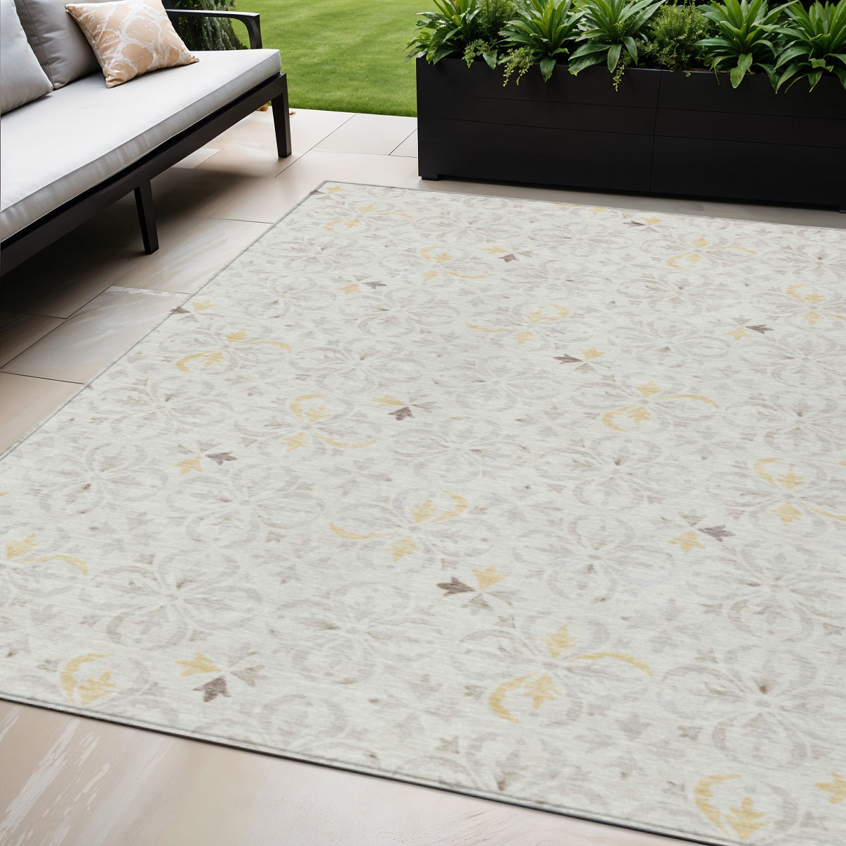 5' X 8' Ivory Gray And Gold Floral Washable Indoor Outdoor Area Rug