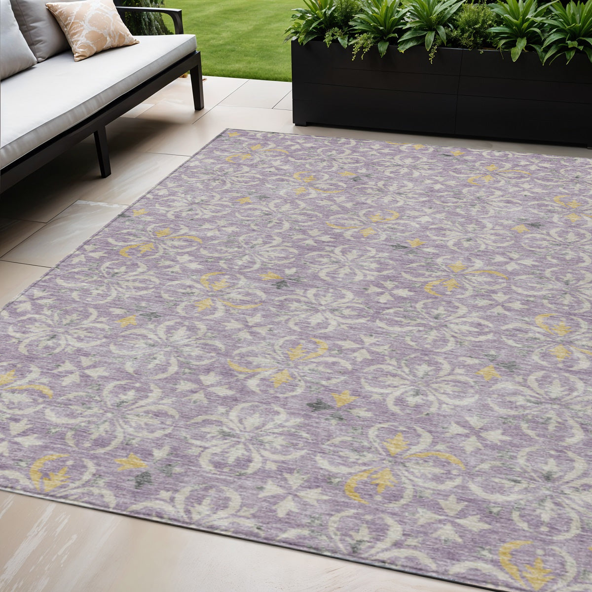5' X 8' Lavender Gold And Gray Floral Washable Indoor Outdoor Area Rug