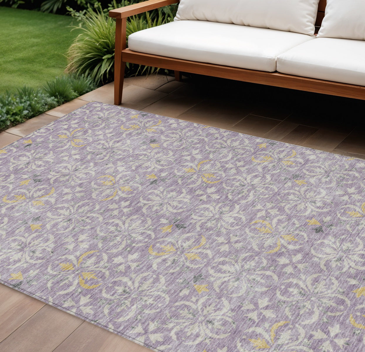 9' X 12' Lavender Gold And Gray Floral Washable Indoor Outdoor Area Rug