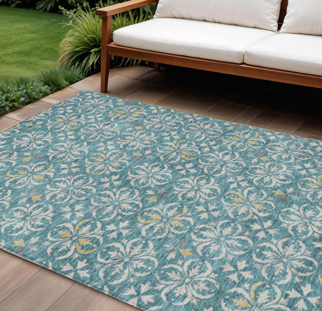 9' X 12' Teal Blue Gray And Gold Floral Washable Indoor Outdoor Area Rug