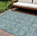 10' X 14' Teal Blue Gray And Gold Floral Washable Indoor Outdoor Area Rug