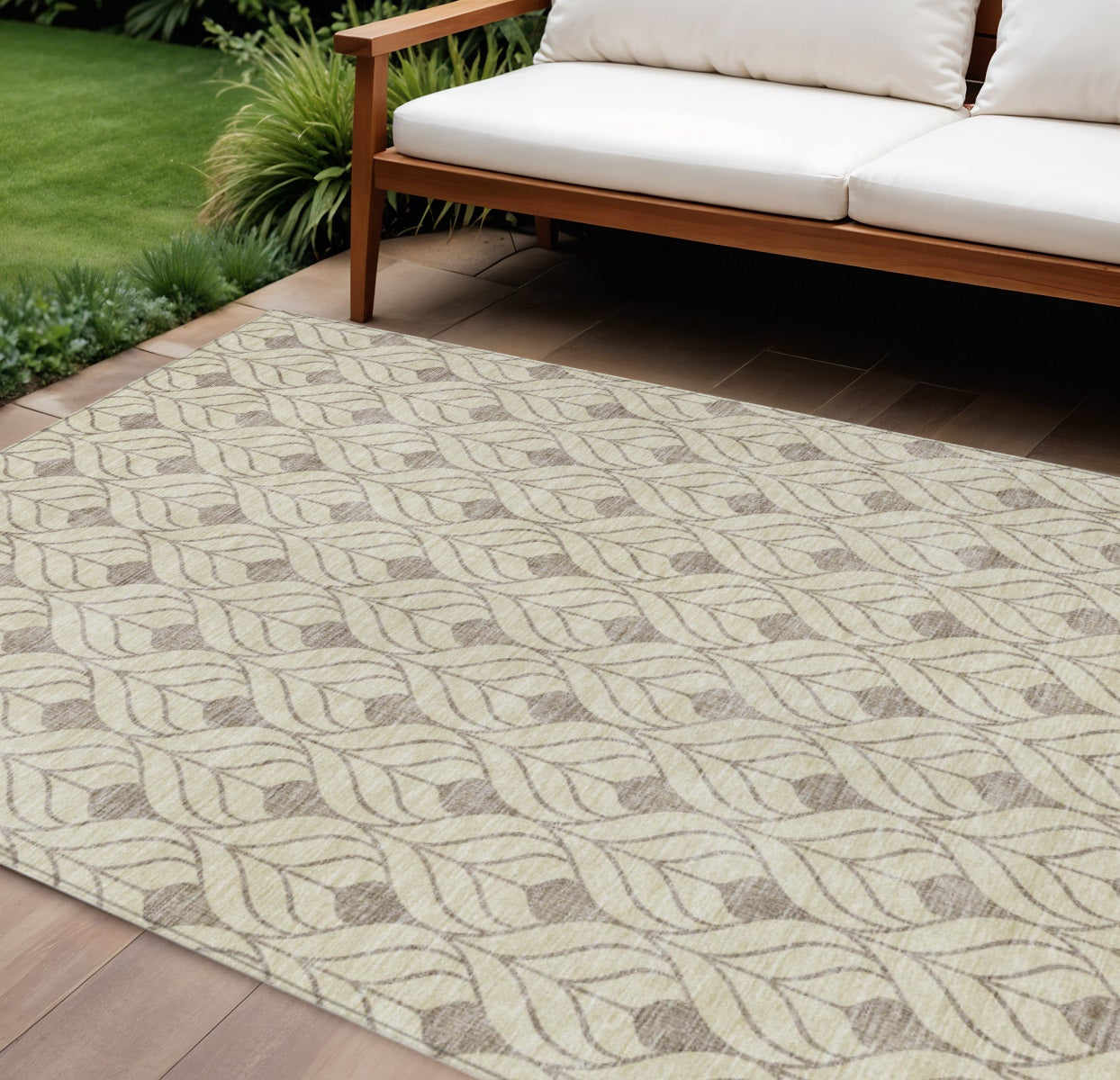 10' X 14' Beige And Taupe Geometric Washable Indoor Outdoor Area Rug