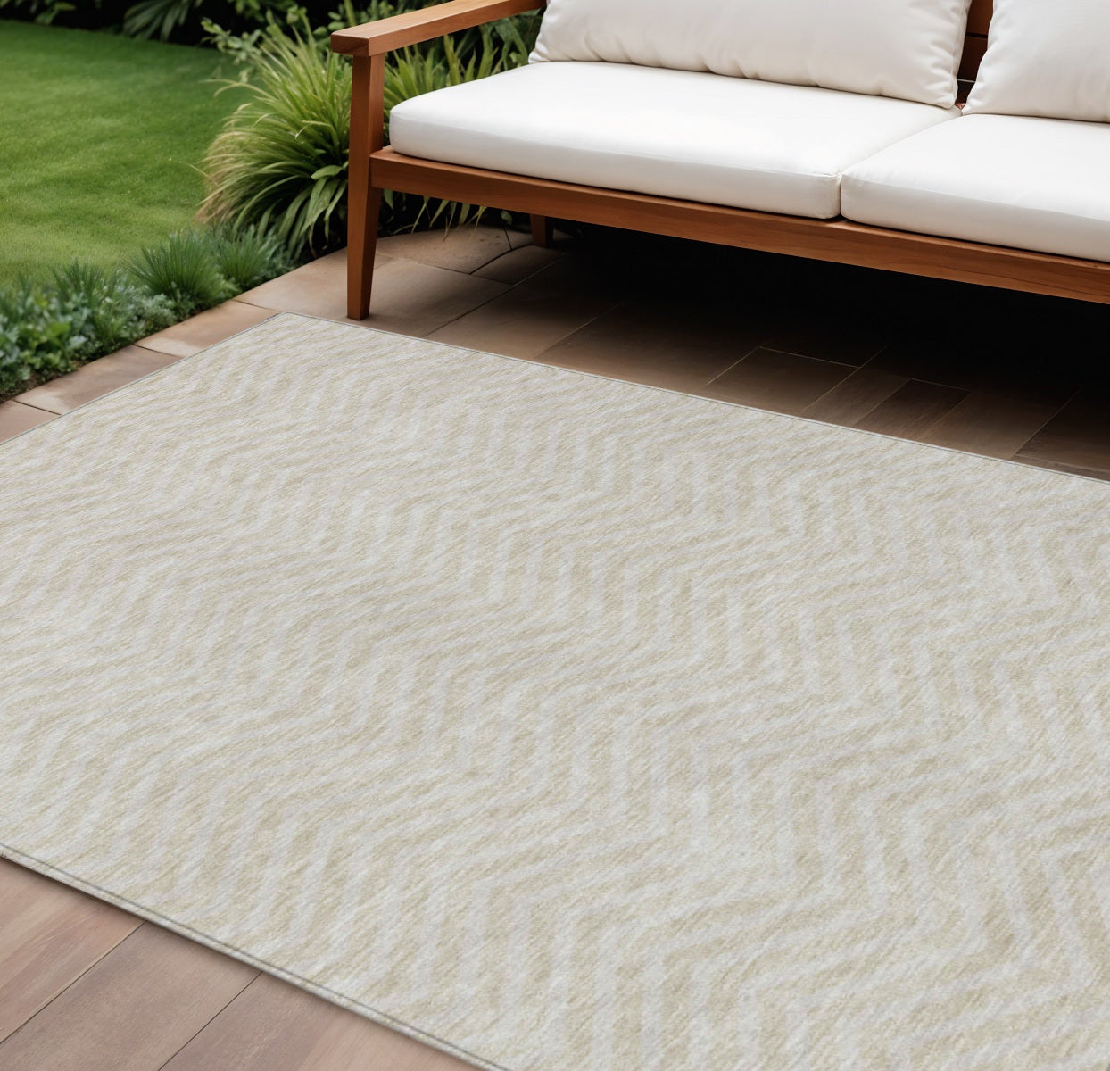 10' X 14' Beige And Gray Chevron Washable Indoor Outdoor Area Rug