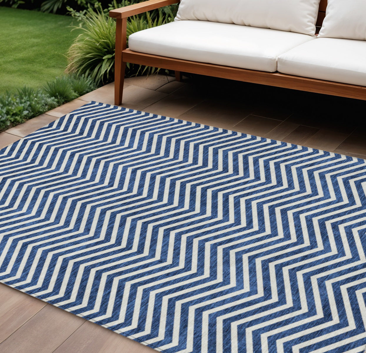 9' X 12' Blue And Ivory Chevron Washable Indoor Outdoor Area Rug