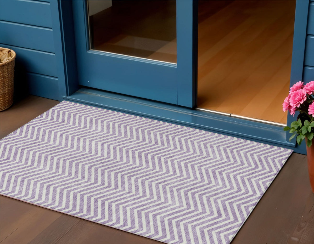 3' X 5' Lilac And Ivory Chevron Washable Indoor Outdoor Area Rug