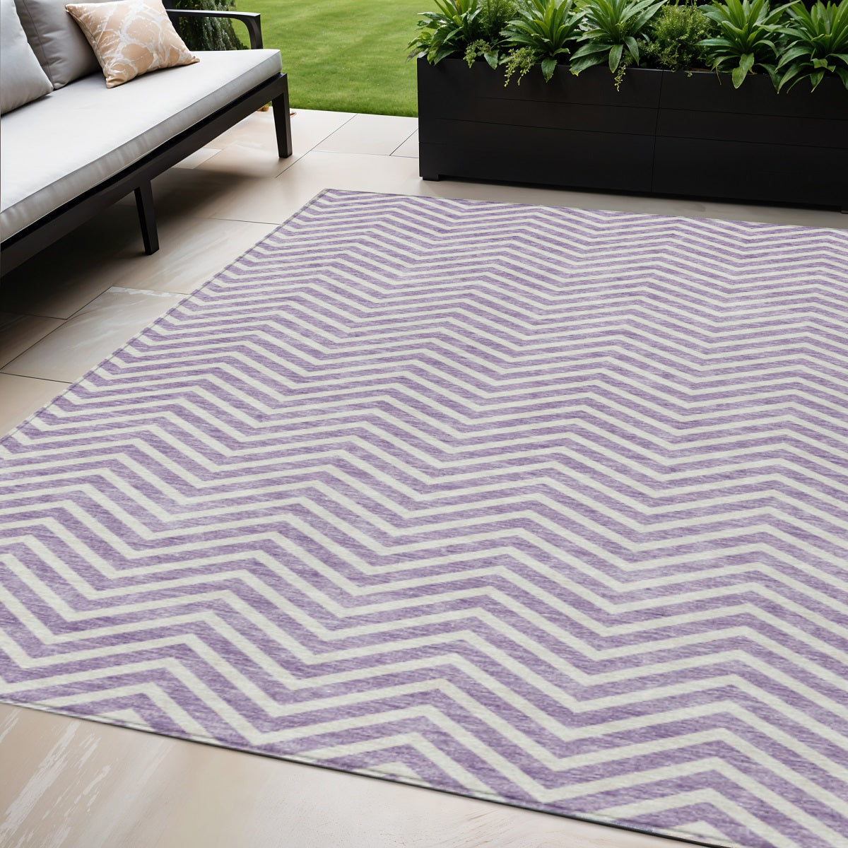5' X 8' Lilac And Ivory Chevron Washable Indoor Outdoor Area Rug