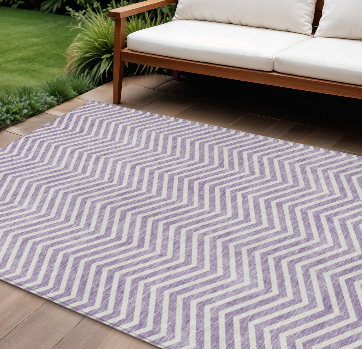 9' X 12' Lilac And Ivory Chevron Washable Indoor Outdoor Area Rug