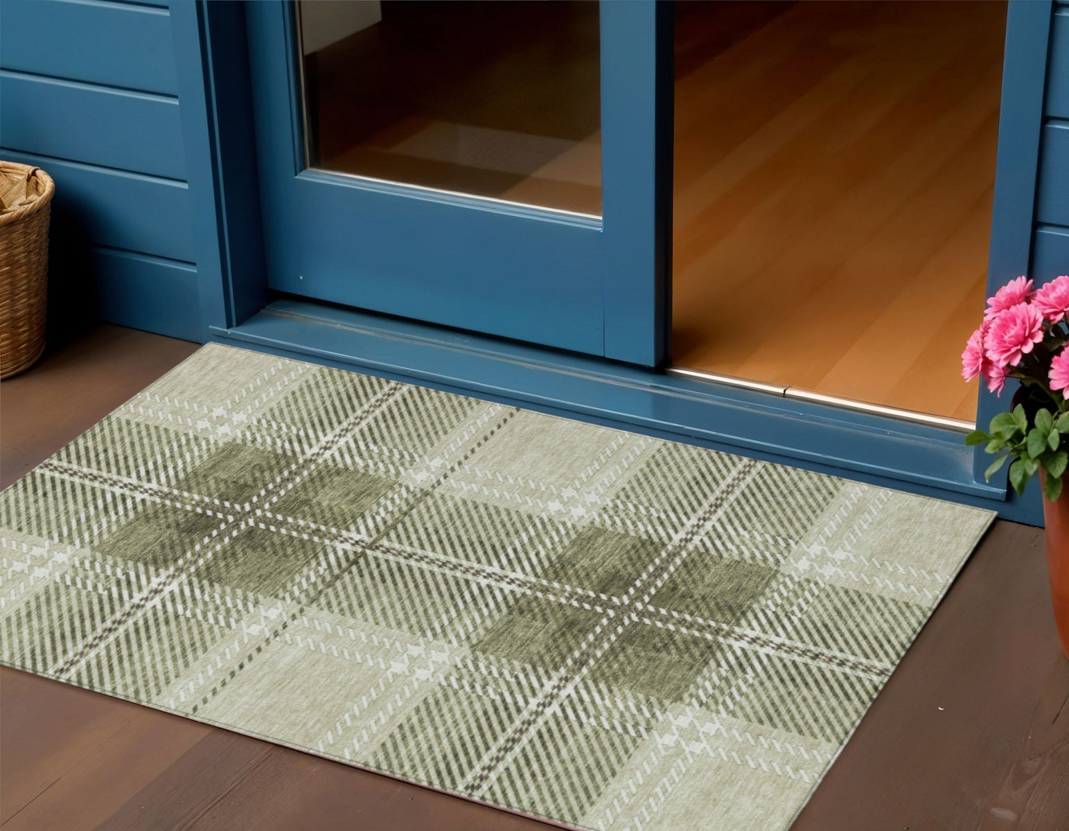 3' X 5' Artichoke Green Brown And Ivory Plaid Washable Indoor Outdoor Area Rug