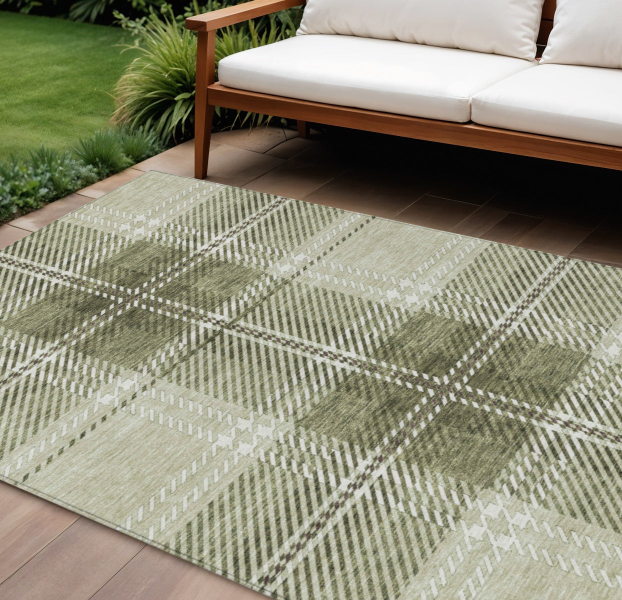 10' X 14' Artichoke Green Brown And Ivory Plaid Washable Indoor Outdoor Area Rug