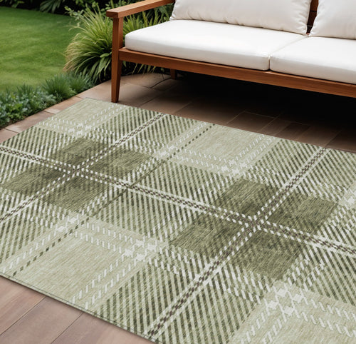 10' X 14' Artichoke Green Brown And Ivory Plaid Washable Indoor Outdoor Area Rug