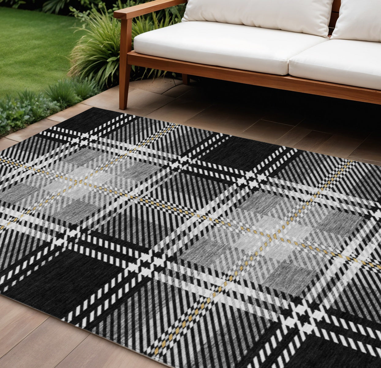 8' X 10' Black Gold And Gray Plaid Washable Indoor Outdoor Area Rug