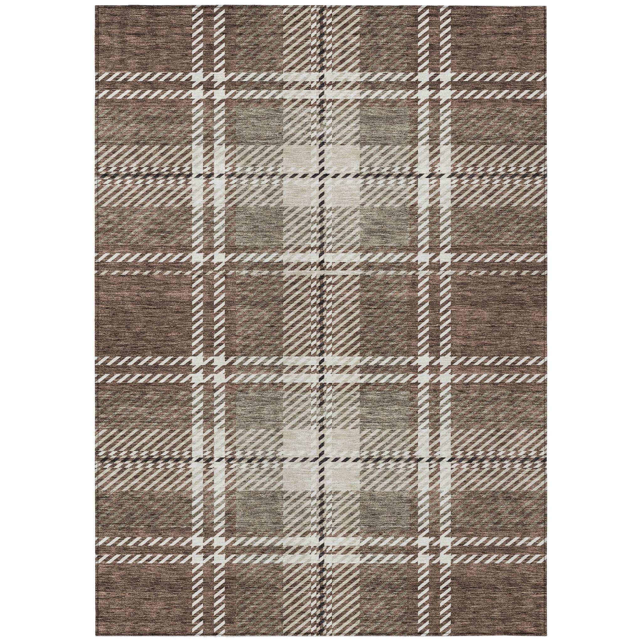 5' X 8' Brown Black And Ivory Plaid Washable Indoor Outdoor Area Rug