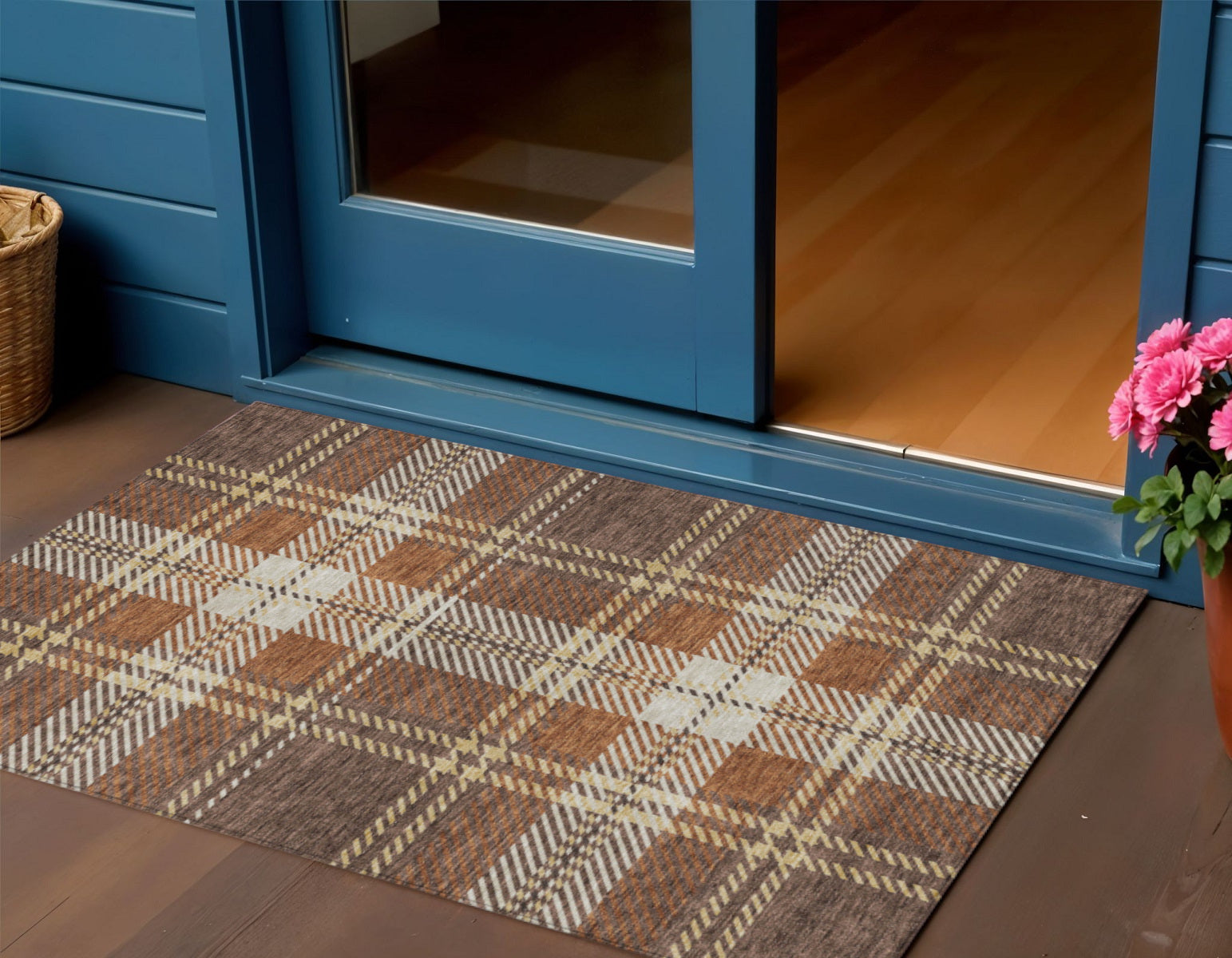 3' X 5' Chocolate Copper And Gold Plaid Washable Indoor Outdoor Area Rug