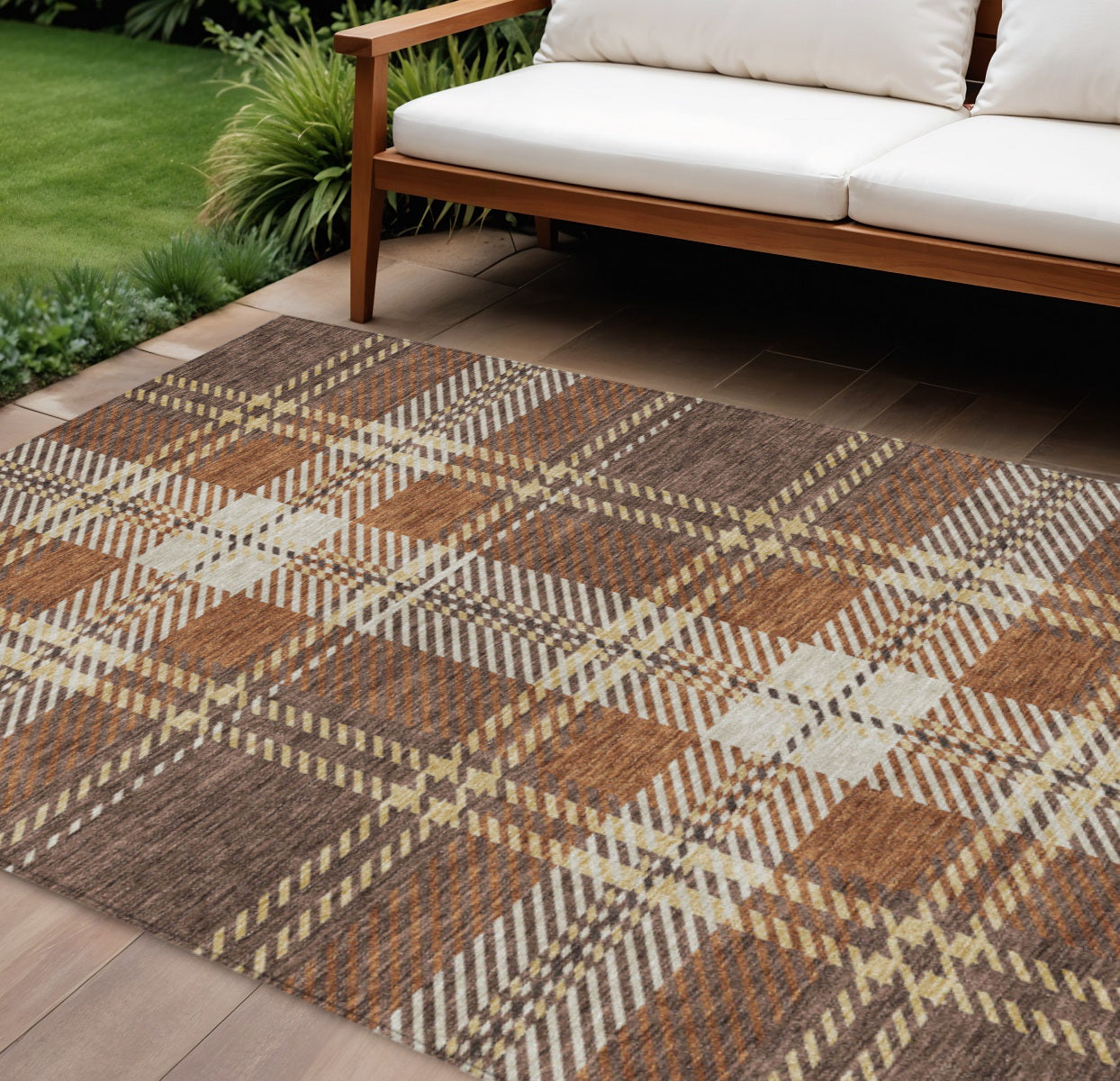 8' X 10' Chocolate Copper And Gold Plaid Washable Indoor Outdoor Area Rug