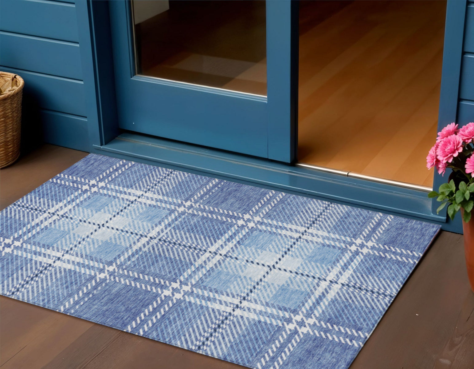 3' X 5' Denim Blue And Ivory Plaid Washable Indoor Outdoor Area Rug