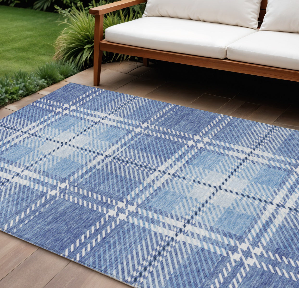 9' X 12' Denim Blue And Ivory Plaid Washable Indoor Outdoor Area Rug