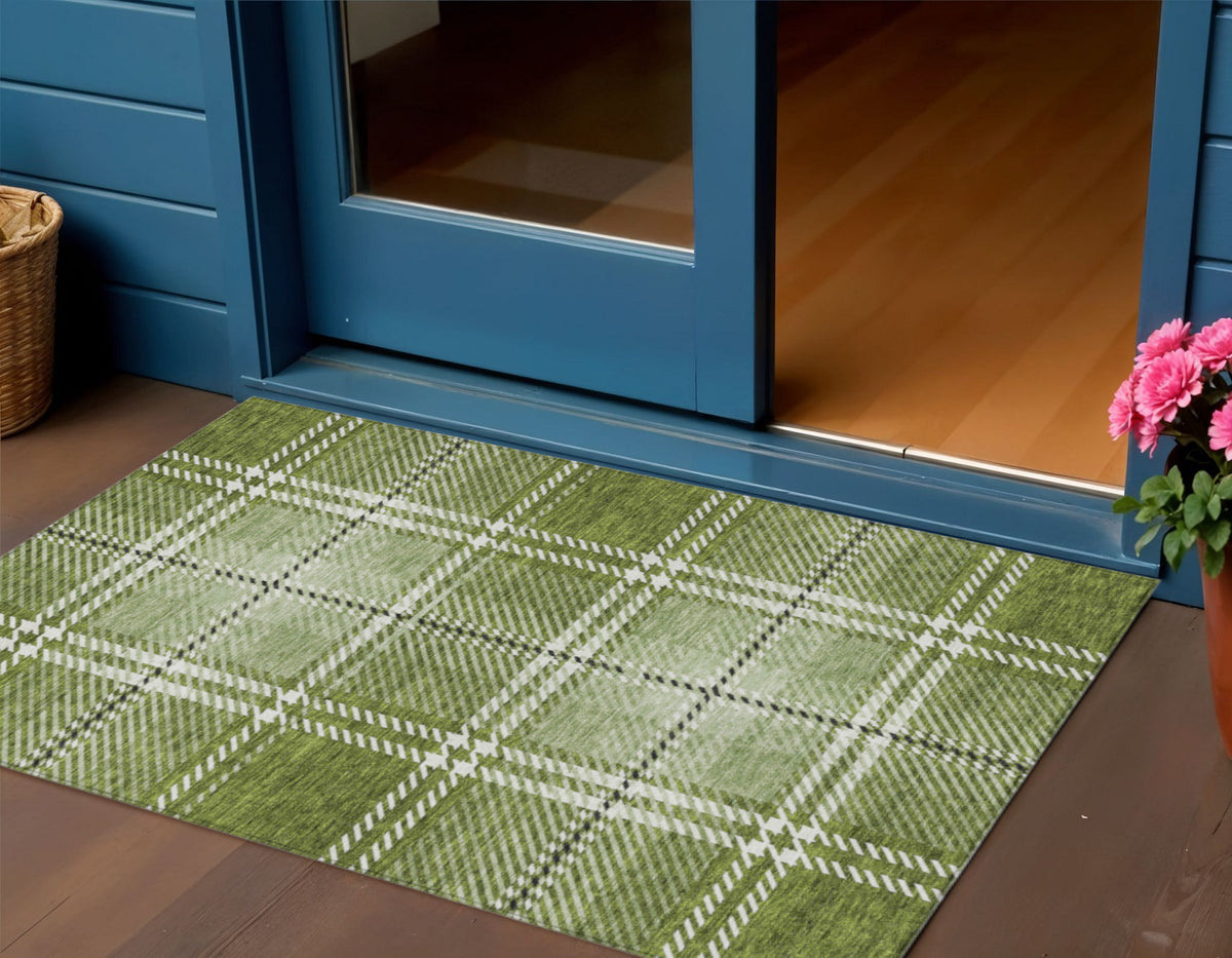 3' X 5' Green Black And Ivory Plaid Washable Indoor Outdoor Area Rug