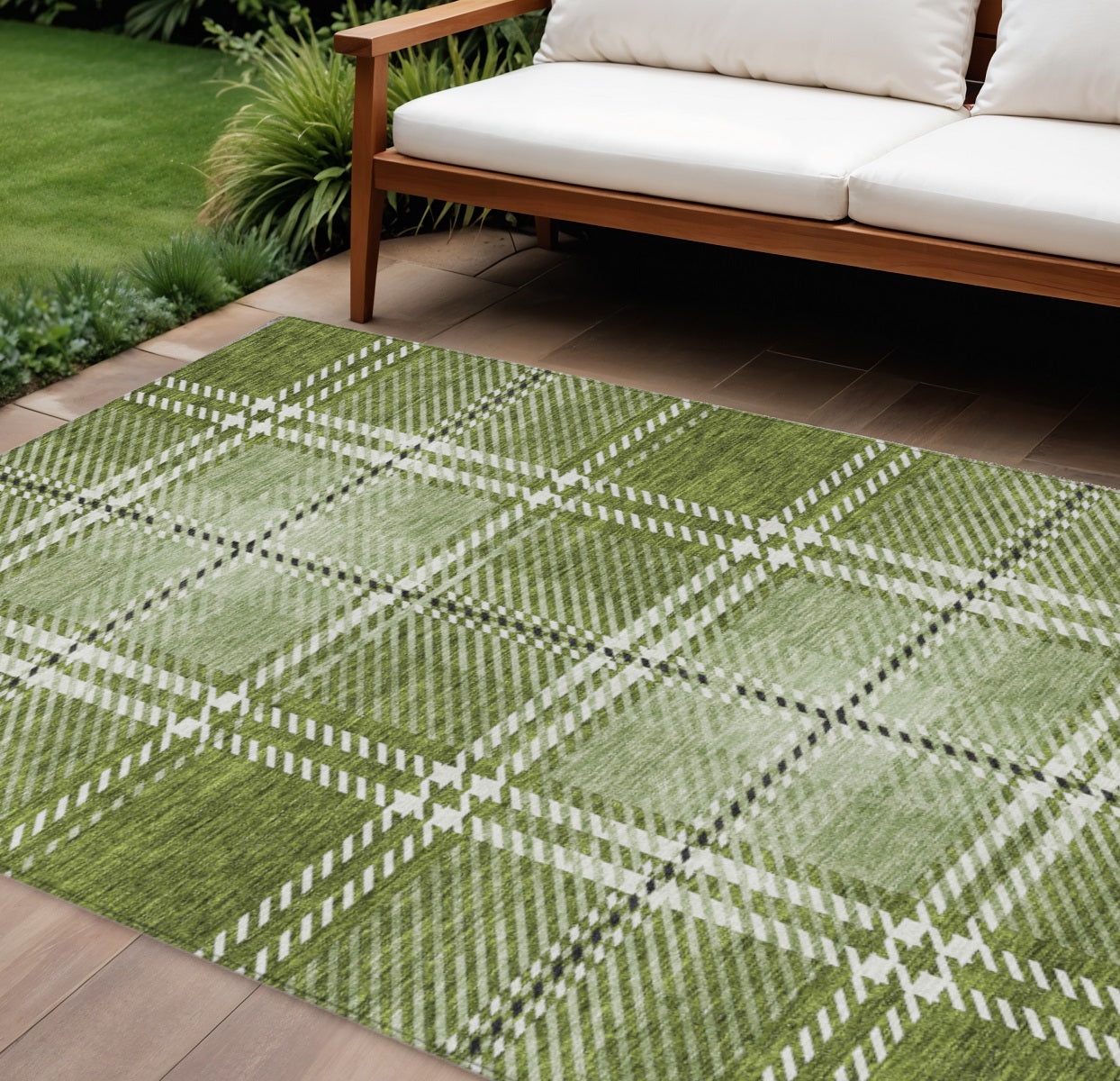 9' X 12' Green Black And Ivory Plaid Washable Indoor Outdoor Area Rug