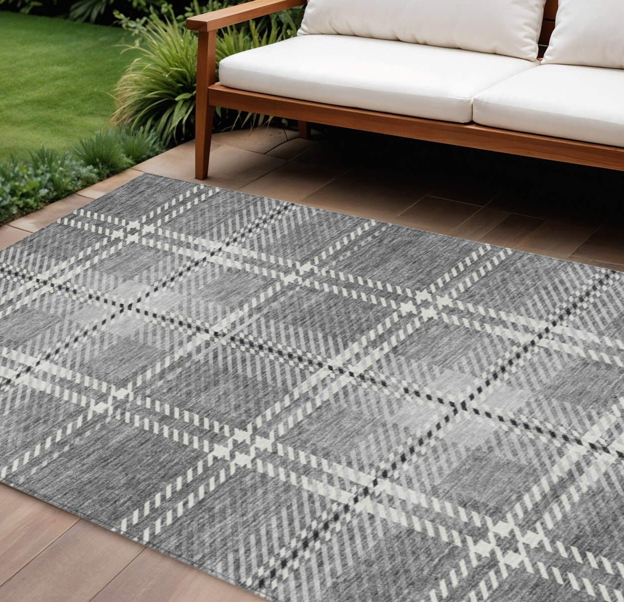 9' X 12' Gray Black And Ivory Plaid Washable Indoor Outdoor Area Rug